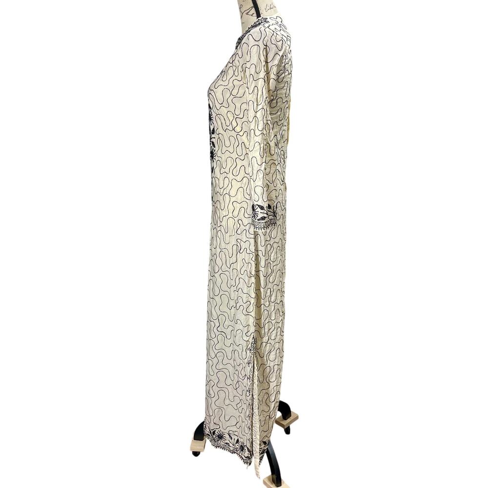 Vintage 70s Kaftan Maxi Dress Cream Black Geometric Embroidered Size Small - Picture 9 of 13